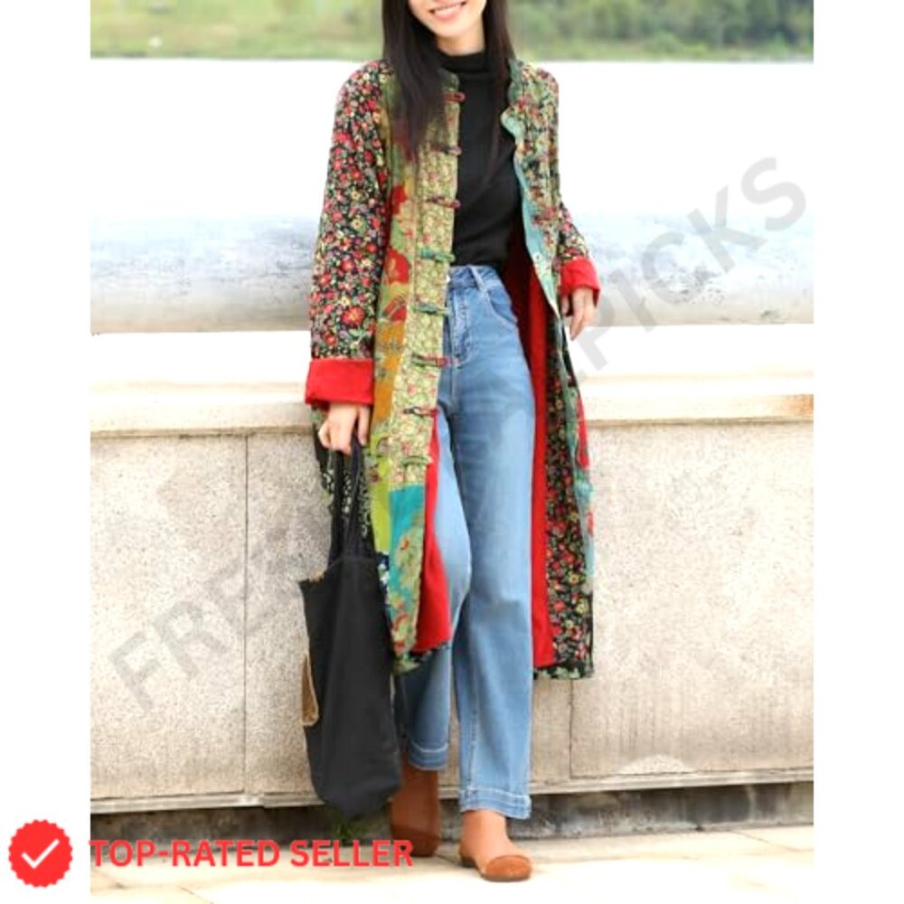 Cotton Linen Patchwork Long Jacket Oversized Cott… - image 3